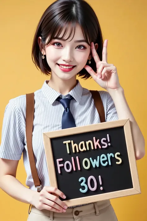 white and black fine striped collared shirt,dark blue tie, (brown suspenders), beige pants, blackboard with colorful letters。color chalk art letter:"Thanks! Followers 30!", 1 27-year-old woman holding a blackboard, (kind smile, V sign next to face, ), past...