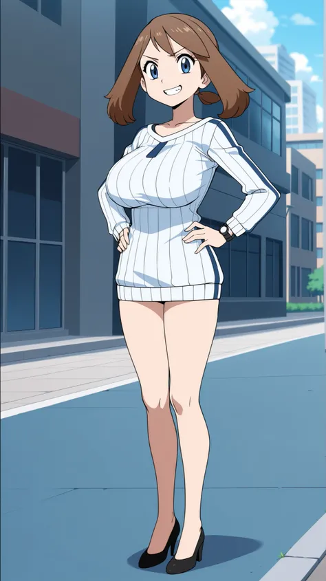 adult older sister, Tall, left hands on hips, bare hands, long sleeve vertical stripe sweater, Beautiful legs, thighs, Beautiful legs, Black High Heels, ((anime screenshot, anime cong, )) SapphireBirchILXL, ((top quality)), ((masterpiece)), ((details)), so...