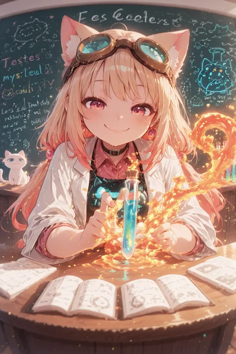A cute catgirl scientist in a colorful chemistry lab, wearing a white lab coat with rolled-up sleeves, goggles on her head, and a playful smile. She's holding a glowing test tube with mysterious neon liquid. The lab is full of quirky equipment, beakers bub...
