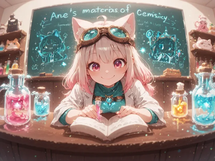 A cute catgirl scientist in a colorful chemistry lab, wearing a white lab coat with rolled-up sleeves, goggles on her head, and a playful smile. She's holding a glowing test tube with mysterious neon liquid. The lab is full of quirky equipment, beakers bub...