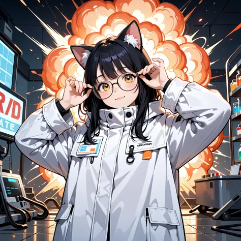 Laboratory landscape、white coat、Cat ears、glasses、busy、explosion、cute、masterpiece、top quality、
