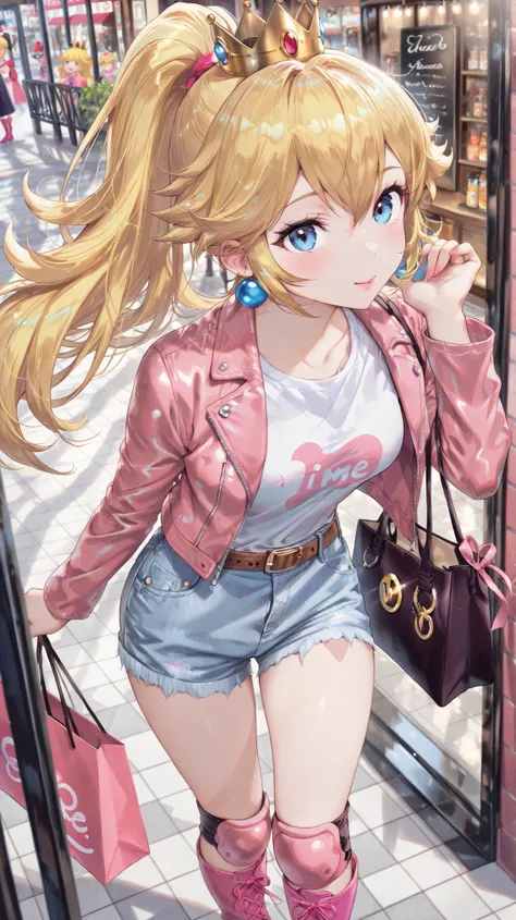 ((best quality)) (masterpiece) (details)Princess Peach from Mario Bros.、I'm wearing a small dark pink leather jacket with an open front、I'm wearing a white t-shirt with no pattern on the inside、wearing denim shorts、wearing a brown belt、wearing dark pink kn...