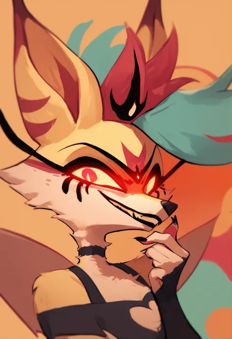 queen beelzebub, queen beelzebub demonform, canine, demon, yellow fur, multicolor fur, liquid hair, translucent hair, olo girl, antropormifc, fur, glowing eyes, demonic eyes, smiling