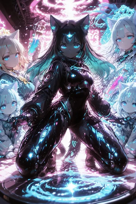 A futuristic cat ear lab, filled with shiny test tubes, advanced technology, and holographic cat ear designs. A group of scientists—some humans, some humanoids with cat ears — are working on ear prototypes mechanical and biological feline animals. The room...
