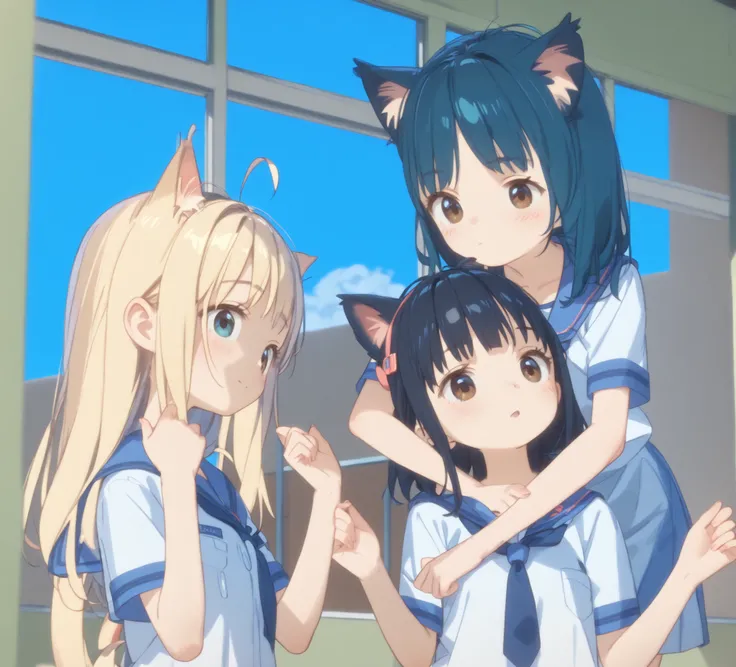 (masterpiece),(top quality),high score,hi-res,incredibly absurdres,Anime screencap,pastel colors,Anime,、3 girls、、Juvenile body、face、Cat ears、cat tail、、 immature body、flat chest、school、hallway、