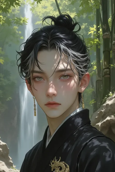 1male, Medium hair, Tied-Back Hair, Middle-age boy, ((Two-colour Hair : black-Silver)), Amber Prismatic Eyes, Hanafuda Earring, black kimono with japanese pattern, chest, handsome, dragon tattoo, Close-Up, Intimidating Expression, Background japanese room,...