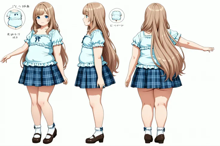 1girl, character sheet, light brown hair, very long hair, adult, fat, ((chubby, small breasts,)) bangs, white background:1.2, blue eyes, frilly shirt, plaid skirt