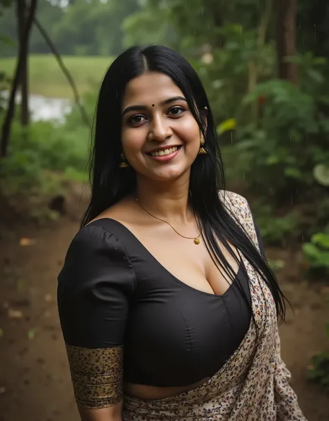 An indian 25 year chubby fair mallu wife with big breasts,bright face,patterned saree,standing in rain,forest,nice village backgrounnd.,satin blouse,glittery blouse,wet girl,