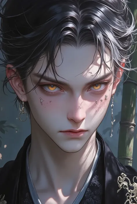 1male, Medium hair, Tied-Back Hair, Middle-age boy, ((Two-colour Hair : black-Silver)), Amber Orange Eyes, Hanafuda Earring, black kimono with japanese pattern, chest, handsome, dragon tattoo, Close-Up, Intimidating Expression, Background japanese room,Beh...