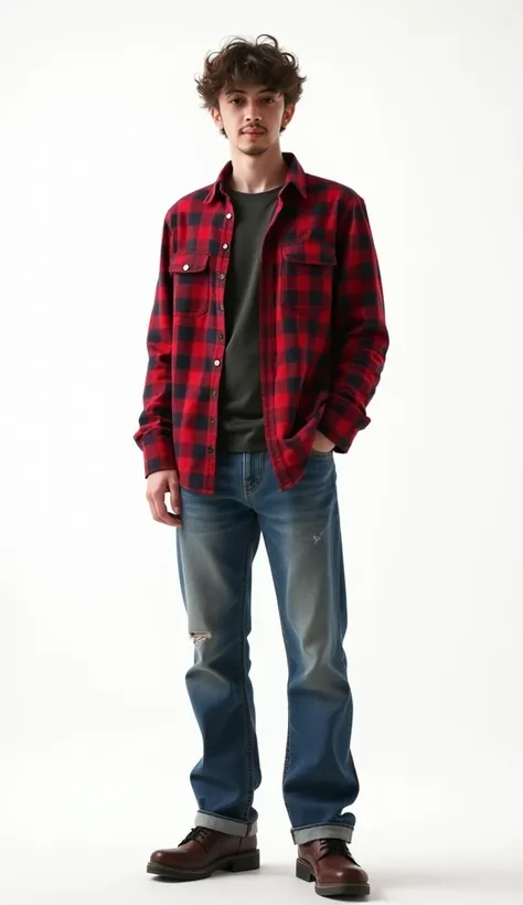 (Realistic), masterpiece, top quality, cinematic lighting, natural shadows, highest detail, professional photography, plain white background, looking at the viewer, 1 teenage male, 20 years old, full body and legs, 165cm tall, thin body, thin smile, charming, armylook hair style, wearing a red checked shirt, wearing worn out blue jeans, standing in a macho manner