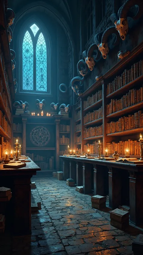 Masterpiece, high resolution, a photorealistic digital painting of a sorcerer's secret study at night. The subject is a dark and atmospheric library filled with arcane knowledge. The composition is a detailed, eye-level shot in a 2:3 aspect ratio, looking into the cluttered room. Tall, dark wood bookshelves line the walls, and long tables are covered in magical apparatus: open spellbooks, a crystal ball, and potion vials. The lighting is a dramatic mix of warm and cool light: dozens of flickering candles cast a soft, golden glow on the objects, while cool, blue moonlight streams through a large arched window on the left, creating sharp patterns of light on the floor. The style is moody and realistic dark fantasy. A magic circle on a central blackboard and mounted ram skulls enhance the occult atmosphere. The color palette is a high-contrast mix of dark browns, warm yellows, and cool blues. The level of detail is exceptional, from the texture of the aged books and dripping candle wax to the intricate symbols of the magic circle, creating a profoundly mysterious, scholarly, and magical mood.

