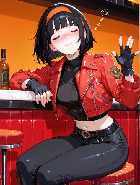 One girl、masterpiece、top quality、32k、masterpiece、full five fingers, short hair, bangs, black hair, gloves, navel, jacket, hairband, open clothes, black gloves, midriff, belt, pants, blunt bangs, black eyes, crop top, black shirt, red jacket, cropped jacket...