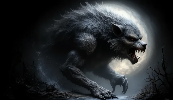 Werewolf transformation under a full moon, dark fantasy style, intense expression, dynamic pose.