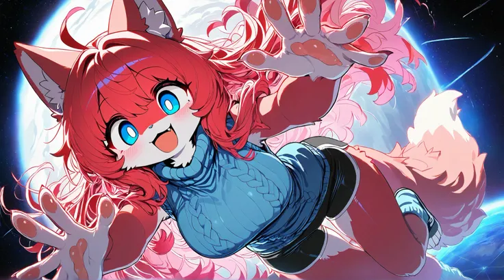 score_9, score_8_up, score_7_up, masterpiece. blend of cute and sexy. Full body. anthro female foxgirl. Long fiery red hair, detailed hair, detailed face, blue eyes, EyesHD, fluff tail. Soft, detailed fur textures. Vibrant hair color complementing fur tone...
