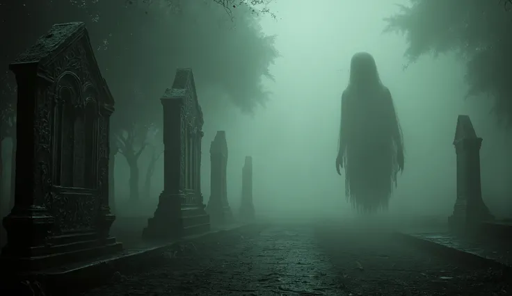  Ghostly figure in a foggy graveyard, classic horror style, ethereal glow, tombstones.