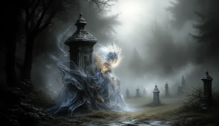  Ghostly figure in a foggy graveyard, classic horror style, ethereal glow, tombstones.
