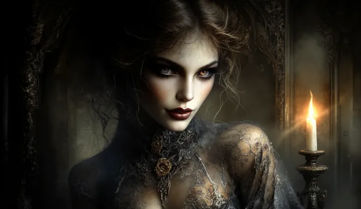Female Vampire in a Gothic castle, dark romance style, elegant yet menacing, candlelit ambiance.