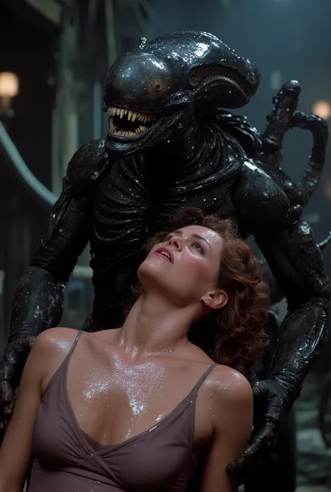 a massive xenomorph dick fuck unconscious Ellen Ripley pussy hard, Ellen Ripley is gunge all over her body and cum on her face
