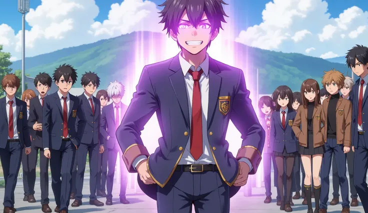 Anime-style illustration of a unique male high school student standing in a schoolyard, surrounded by angry classmates. The central character has sharp facial features, expressive glowing purple eyes, and slightly messy layered black hair with natural volu...