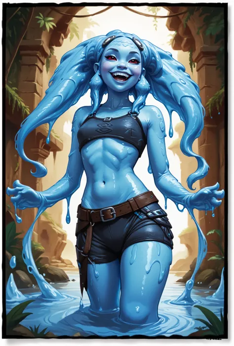 Cute smile. Slender blue goo body. Blue slime-skin. Cute 18-year-old slime-girl with big Asian red eyes and unnaturally sharp teeth and Twi'lek slime-headpiece. No hair. Sharp and pointy teeth. She has a cute and beautiful face. She has a round and young f...