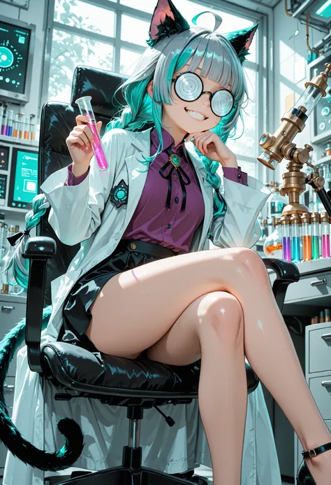 masterpiece, best quality, ultra-detailed, very aesthetic, absurdres, 1girl, turquoise colored hair, twin braid with blunt bangs, ahoge, cat ears, coke-bottle glasses, lab coat, purple shirt, bolo-tie, black skirt, cat tail, grin, holding pink test-tube, h...