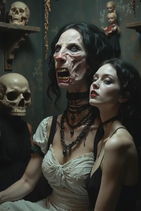 In a dimly lit room, a woman with striking and surreal features is seated. Her head is exaggeratedly elongated, resembling a pig with a wide open mouth showcasing prominent teeth. She wears gothic-style jewelry, including multiple black necklaces adorned w...