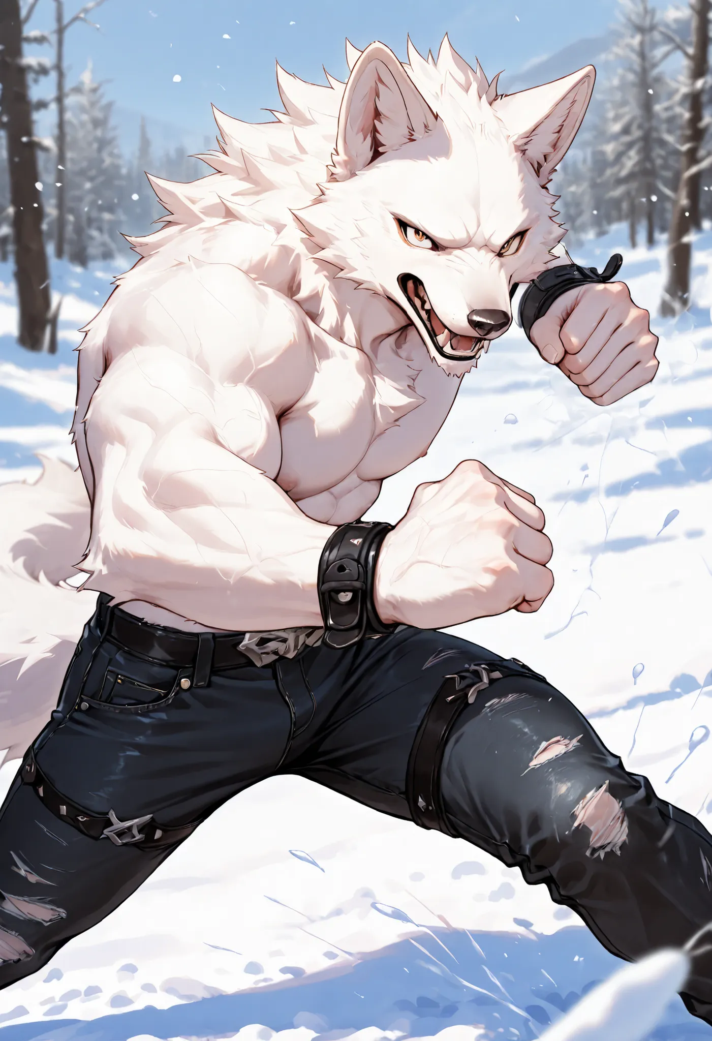 realistic, real shadow and light,depth of field, looking at the viewer, Athletic body, commission for high res, anthropomorphic, there is a White Fox, White fur, fluffy, furry, pointy nose, wearing black jeans, snowy, cold weather, freezing, close up, topl...
