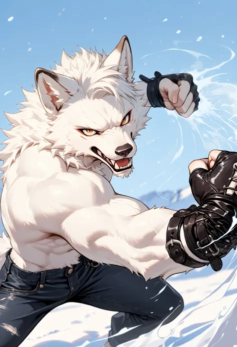 realistic, real shadow and light,depth of field, looking at the viewer, Athletic body, commission for high res, anthropomorphic, there is a White Fox, White fur, fluffy, furry, pointy nose, wearing black jeans, snowy, cold weather, freezing, close up, topl...