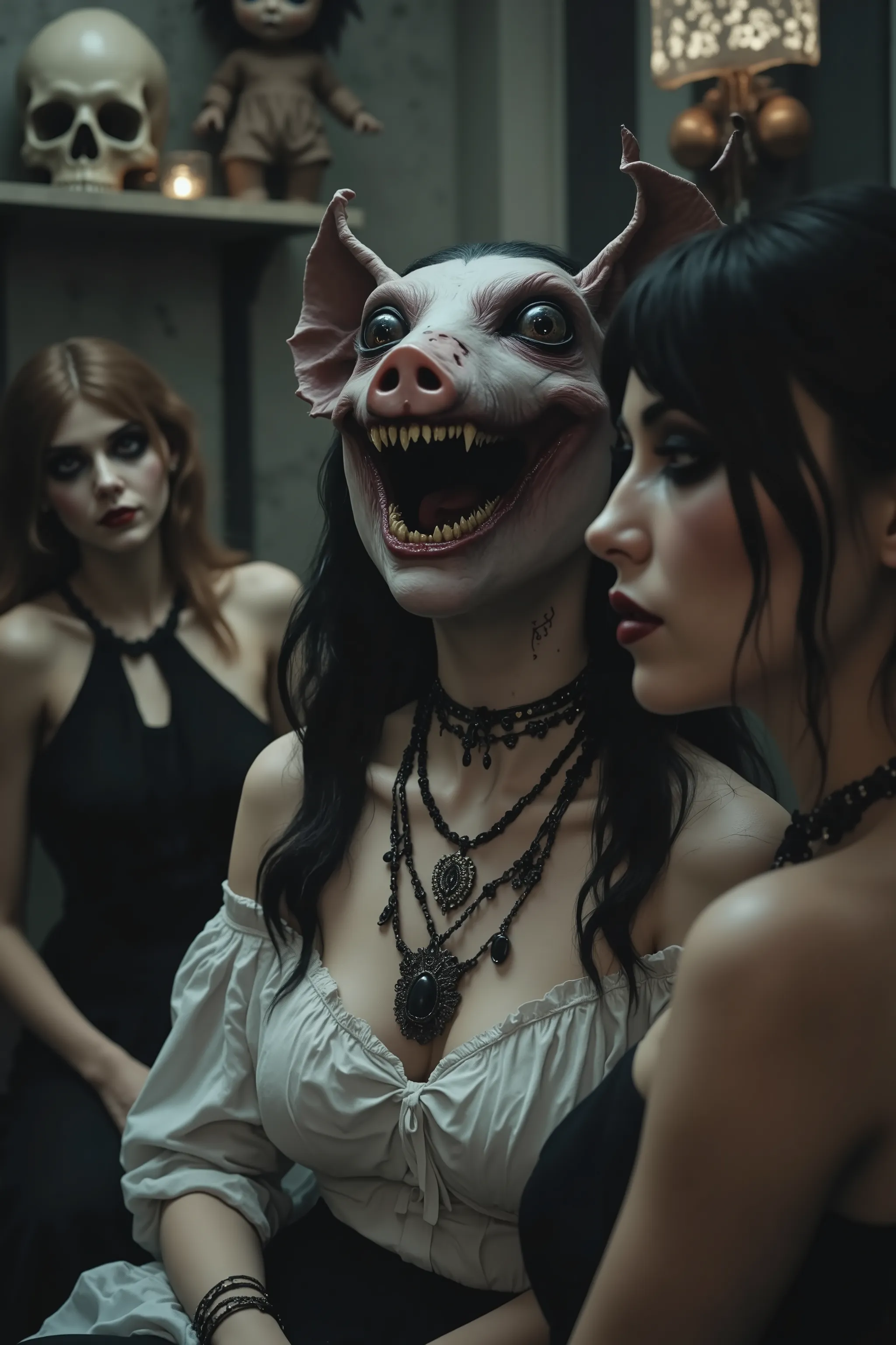 In a dimly lit room, a woman with striking and surreal features is seated. Her head is exaggeratedly elongated, resembling a pig with a wide open mouth showcasing prominent teeth. She wears gothic-style jewelry, including multiple black necklaces adorned w...