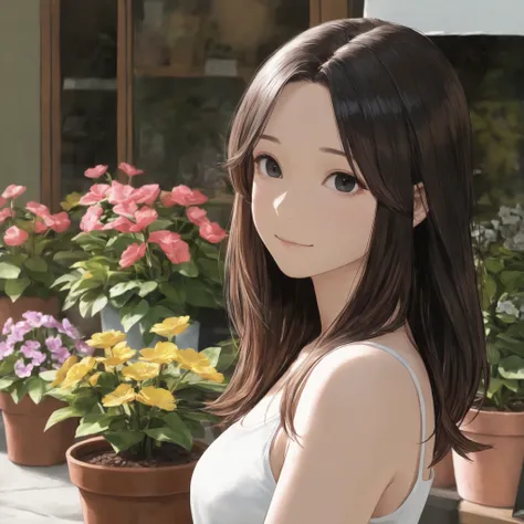 Masterpiece, top quality, ultra high definition, semi-realistic, realistic hair, soft details, realistic eyes, girl, black hair, black eyes, parted bangs, brown hair, rich hair, cute, flower shop, flower pot
