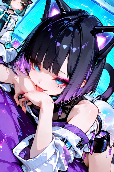 score_9, score_8_up, score_7_up, score_6_up, top quality, very detailed, super high resolution,32k uhd, clear focus, top quality, masterpiece, emotionalization   , unconventional supreme masterpiece, amazing details, Of a quiet atmosphere, high quality texture, ファッション写真スタイルの  Anime Character Portraits,    Anime Character Portraits, 
arm0rpunkv4, Cat ears   lab,    lab, Dutch angle, from above, 
{{onegirl, cute, black hair, purple inner hair, bob cut, blue eyes,   contoured eyes  , fancy makeup, Cat ears, cat tail}}
white coat, Off Shoulder Shirt, daisy duke shorts,
lying down, watching people closely,Licking hands、Smile Yan