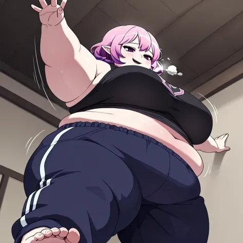 Lucid  from maplestory,  short hair, pink hair, purple eyes 1 girl, solo, motion line、 Anime Coloring、indoor,、Big 、mature female、 Masterpiece、 high quality、 high image quality、 pretty finger、 detailed face, tank top, black shirt, sweatpants, dark blue swea...