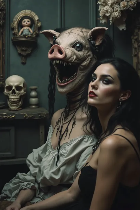 In a dimly lit room, a woman with striking and surreal features is seated. Her head is exaggeratedly elongated, resembling a pig with a wide open mouth showcasing prominent teeth. She wears gothic-style jewelry, including multiple black necklaces adorned w...