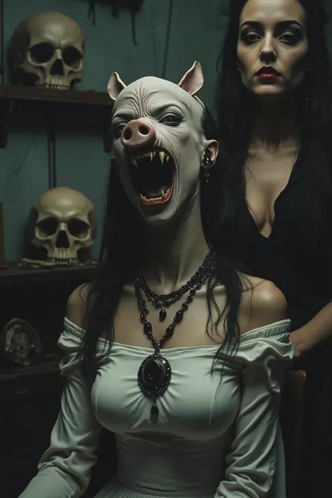 In a dimly lit room, a woman with striking and surreal features is seated. Her head is exaggeratedly elongated, resembling a pig with a wide open mouth showcasing prominent teeth. She wears gothic-style jewelry, including multiple black necklaces adorned w...