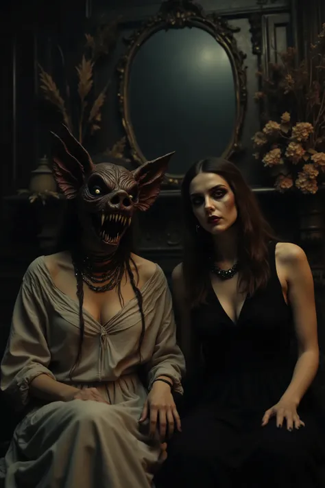 In a dimly lit, ornately decorated room, two women sit side by side. The woman on the left dons an elaborate, unsettling mask resembling the head of a snarling pig, complete with realistic skin texture, large ears, and prominent sharp teeth, adding an eeri...