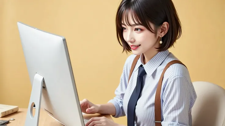 white and black fine striped collared shirt,dark blue tie, (brown suspenders), beige pants, ((Fit your hands up to your stomach)), pastel yellow background,Short Hair, working on a computer with slender eyes, Foxy face, smiling gently, big earrings