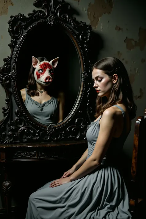 A young woman in a light gray, sleeveless dress sits gracefully in front of an ornate mirror with a dark, elaborate frame. The scene is dimly lit, casting soft shadows and creating a moody atmosphere. Reflected in the mirror is not the woman herself, but a...