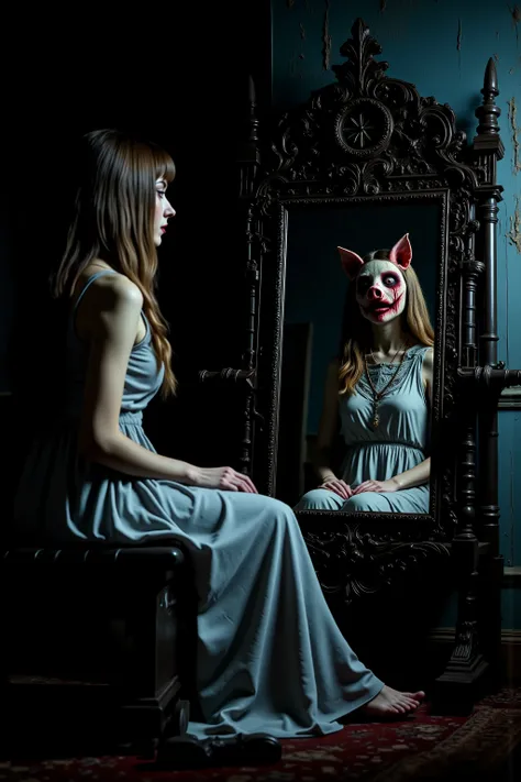 A young woman in a light gray, sleeveless dress sits gracefully in front of an ornate mirror with a dark, elaborate frame. The scene is dimly lit, casting soft shadows and creating a moody atmosphere. Reflected in the mirror is not the woman herself, but a...