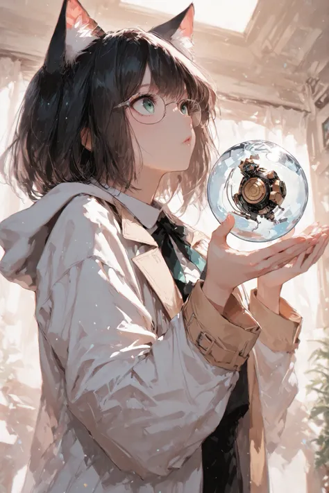 graduate School,experiment,Cat Ears,Cat Earsのがexperimentしている,white long coat,glasses,Transparent capsule,There is a mechanical cat floating inside the capsule,the background is softly illuminated , just has a spiritual atmosphere,,, (masterpiece, 最High Qua...