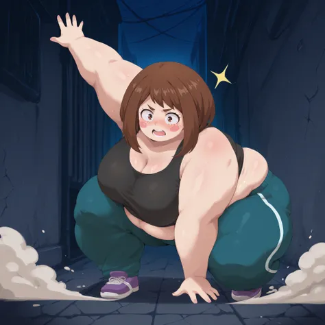high resolution picture, masterpiece, best quality, amazing quality,  solo, 1girl,  Uraraka Ochao, \(My hero academia\), ,brown hair, brown eyes, ,,  medium breasts ,source anime,                                       
 BREAK (curvy), cracked floor, dust c...