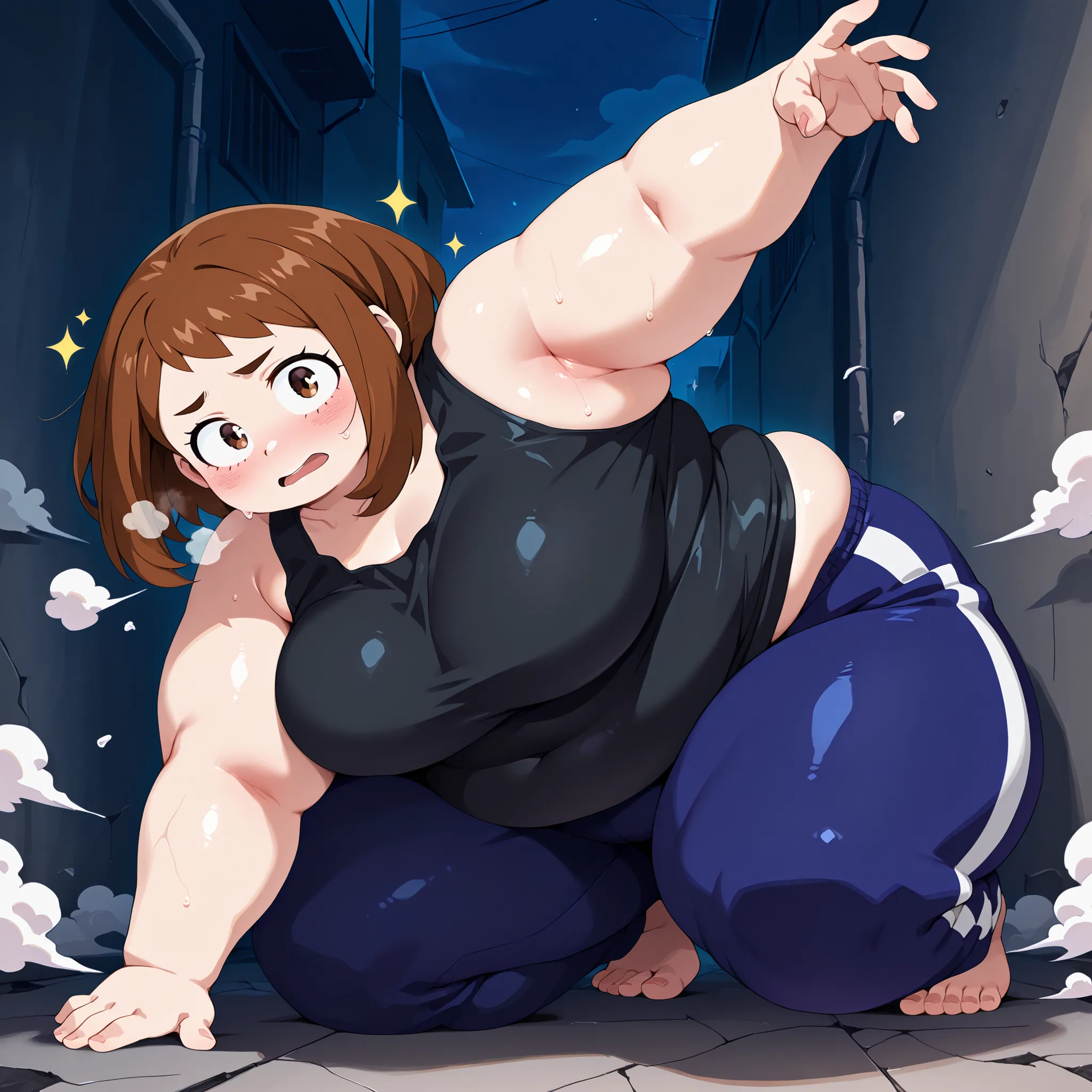high resolution picture, masterpiece, best quality, amazing quality,  solo, 1girl,  Uraraka Ochao, \(My hero academia\), ,brown hair, brown eyes, ,,  medium breasts ,source anime,                                       
 BREAK (curvy), cracked floor, dust c...