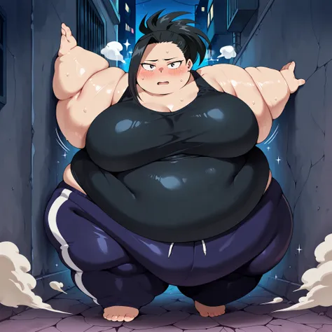 high resolution picture, masterpiece, best quality, amazing quality,  solo, 1girl,  Yaoyorozu momo, \(My hero academia\), ,black hair, black eyes, ,ponytail  ,,  medium breasts ,source anime,                                       
 BREAK (curvy), cracked f...
