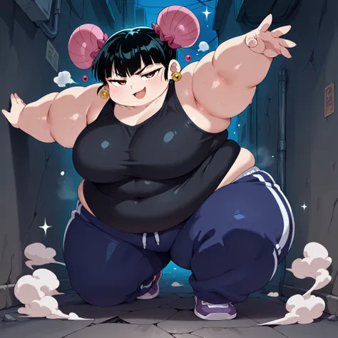 high resolution picture, masterpiece, best quality, amazing quality,  solo, 1girl,  Lin Lin, \(one punch man\), ,black hair, red eyes, ,eyes, smug  medium breasts ,source anime,                                       
 BREAK (curvy), cracked floor, dust clo...