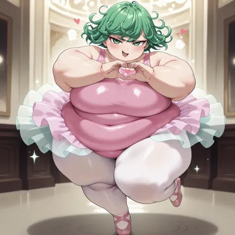 masterpiece, best quality, 1girl, solo  Tatsumaki, green hair, short hair, green eyes, , pink leotard, tutu, looking at viewer, white pantyhose, standing on one leg, en pointe, ballerina shoes, (large breasts:0.6), ballroom, blush, smug, fat, chubby, obese...