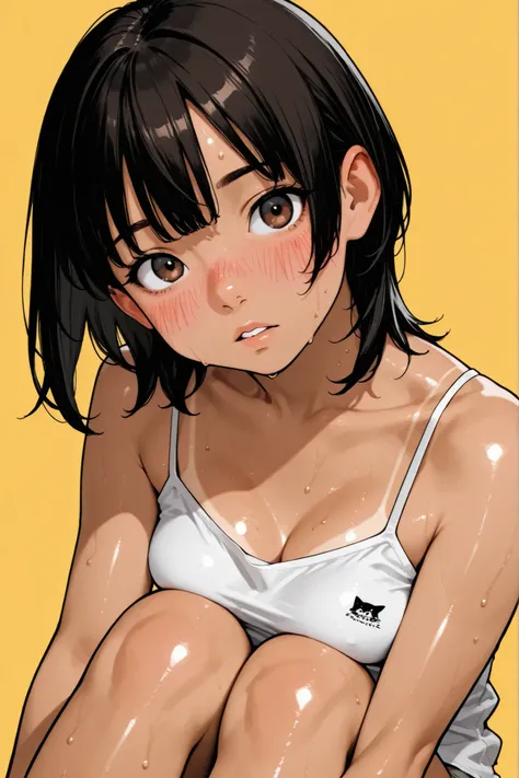 1girl,Super Detailed,absolute resolution,(dynamic angles),pinup,close-up,(tanned skin:0.6),(tanlines:0.5),sitting,knees to chest,head tilt,(Short length white tight Spaghetti Strap Camisole),light gray sports panties,Bare Foot,detailed and beautiful face a...