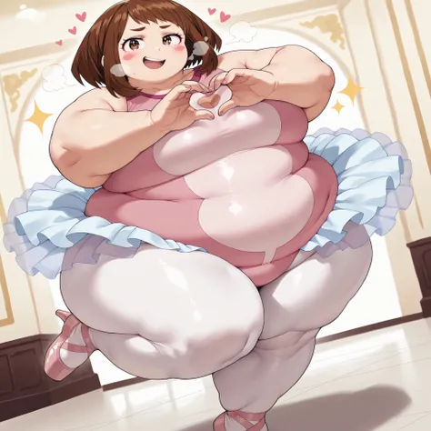 masterpiece, best quality, 1girl, solo  Uraraka Ochako, brown hair, short hair, brown eyes, blush stickers , pink leotard, tutu, looking at viewer, white pantyhose, standing on one leg, en pointe, ballerina shoes, (large breasts:0.6), ballroom, blush, smug...