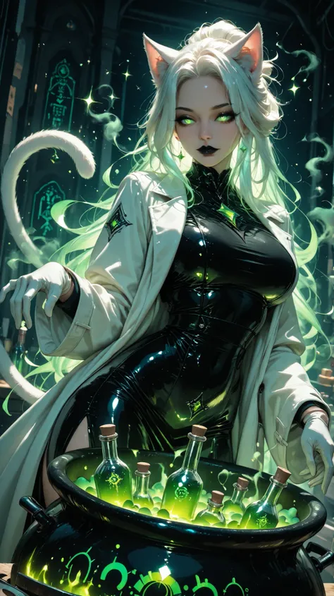 masterpiece, best quality, bright, very aesthetically pleasing, high contrast, newest , 1 girl, beautiful girl Nekko, extra long hair, tied hair, white hair, shiny hair,  cat ears and tail, dressed in white coat and other dresses resembling a scientist, wh...