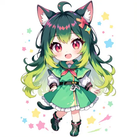 red eyes、anime wearing a green dress with cat ears and tail, tatsumaki, shiRabii, tatsumaki with green curly hair, Official Character Art, holding a Modest Pose, Maple Story Character Art, OFFICIAL ART, Modest Pose, Wearing a green cloak, Mana in the Air, ...