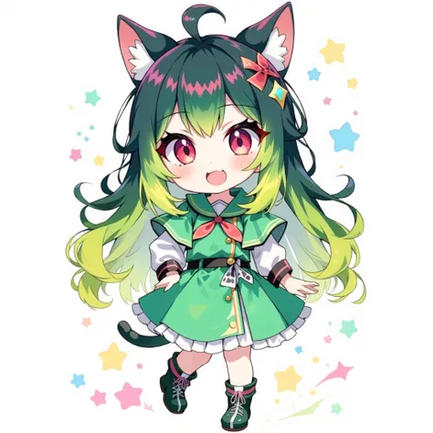 red eyes、anime wearing a green dress with cat ears and tail, tatsumaki, shiRabii, tatsumaki with green curly hair, Official Character Art, holding a Modest Pose, Maple Story Character Art, OFFICIAL ART, Modest Pose, Wearing a green cloak, Mana in the Air, ...
