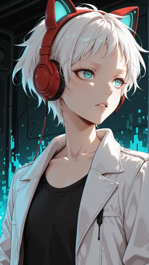 masterpiece, best quality, amazing quality, BREAK (by Hakika:0.55), (by Criis-Chan:0.7),(by dino \(dinoartforame\):0.4), phiv, 1girl, white hair, short hair, aqua eyes, flat chest,red headphones, fake animal ears, glitch, pixels, upper body, white jacket, ...